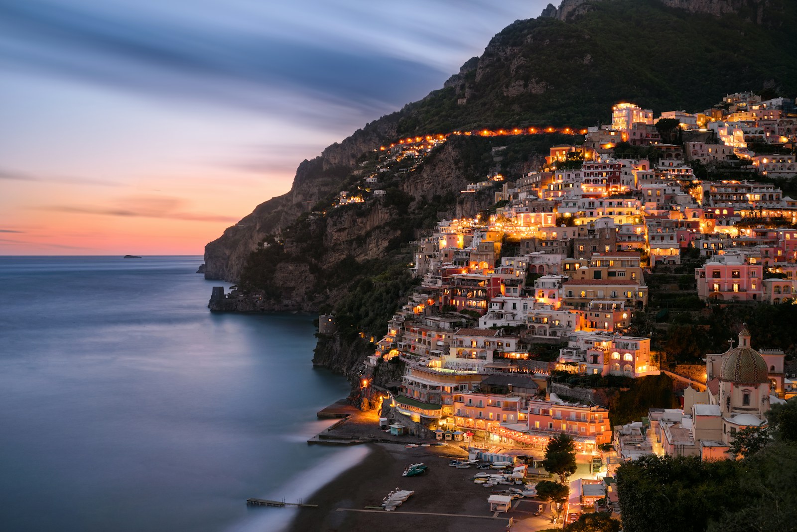 Positano on the Amalfi Coast illuminated at blue hour